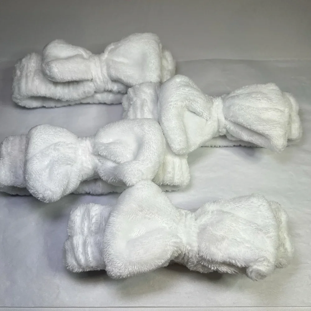 Set Of 4 SPA Headbands White Soft Makeup Headband Fleece Bow Face Wash for Women